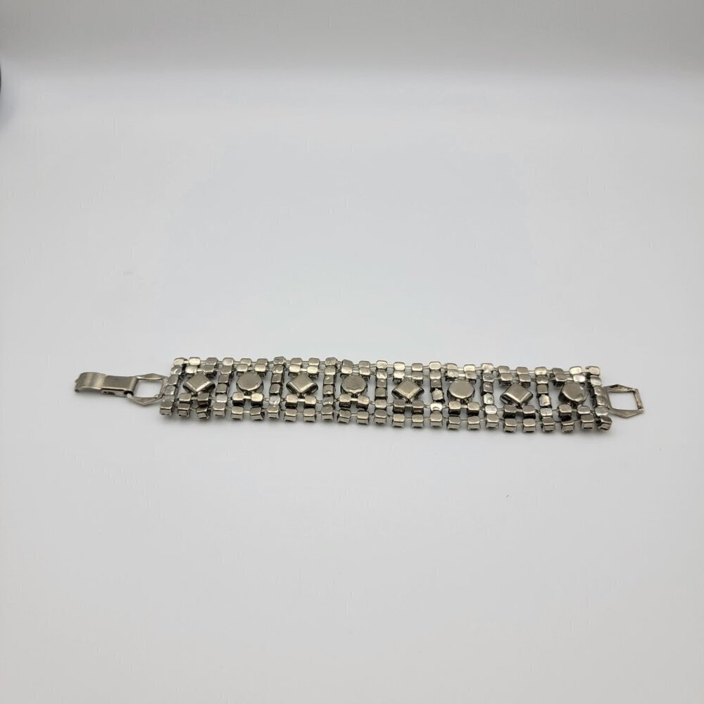 Vintage Crystal Tennis Bracelet Silver-Tone Fold Clasp Wide Statement 7 Inch - Picture 10 of 14